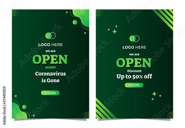 Fototapeta We are open, Green Poster with liquid and striped shape composition. Suitable for shop sign opening, web banner, wallpaper, brochure and more