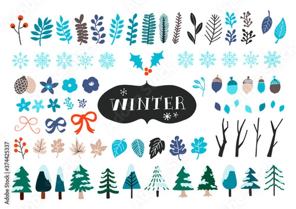 Obraz Vector set of winter icons. Snowflakes, trees, pinecones and leaves.