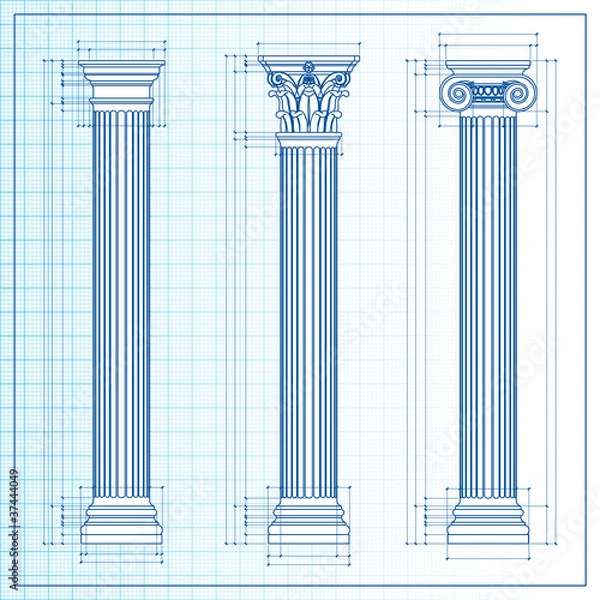 Fototapeta classic columns blueprint sketch, vector