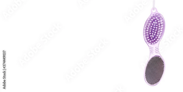 Fototapeta Pink plastic heel grater, pedicure tool. Isolated on white background, copy space template, banner.