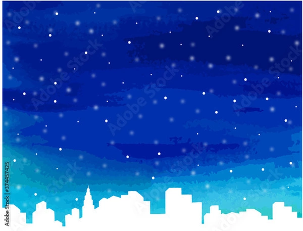 Fototapeta 冬の雪の降るビル街の背景手描き風ベクターイラスト