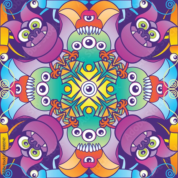 Fototapeta Tile design composed by spooky bats, creepy spiders, disgusting cockroaches, monsters and lots of eyes. They form a symmetrical pattern design following four different axes