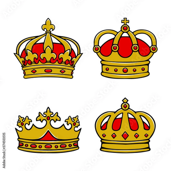 Fototapeta Hand drawn gold and red crowns vector set on white background