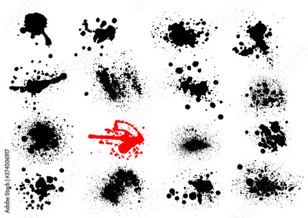 Fototapeta Vector black and white ink splash, blot and brush stroke, spot, spray, smudge, spatter, splatter, drip, drop, ink blob Grunge textured elements for design, background.