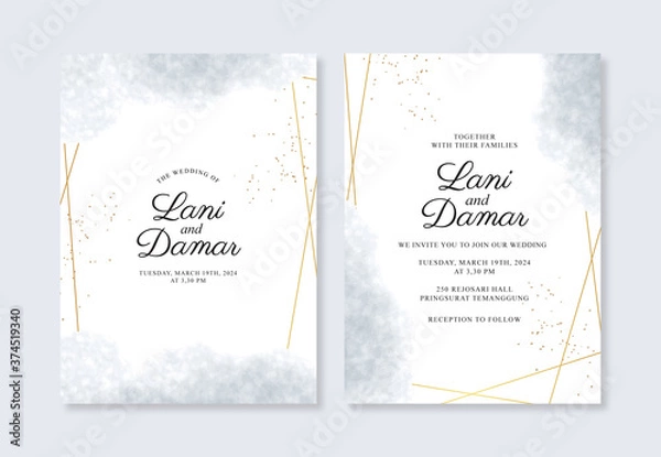 Fototapeta Beautiful wedding invitation template with geometric gold and watercolor splash