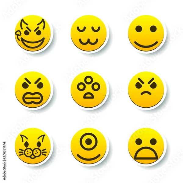 Fototapeta Set Of Yellow Sticker Collection Color Smile Different Emotions Emoticons Face Vector Design Cartoon Style With Shadows