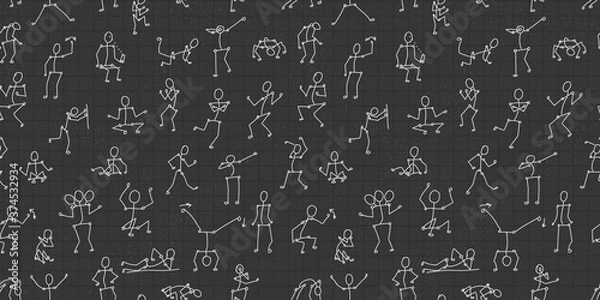 Fototapeta white vector seamless pattern with people bodies in different poses on dark gray or black mathematical background for paper or textile
