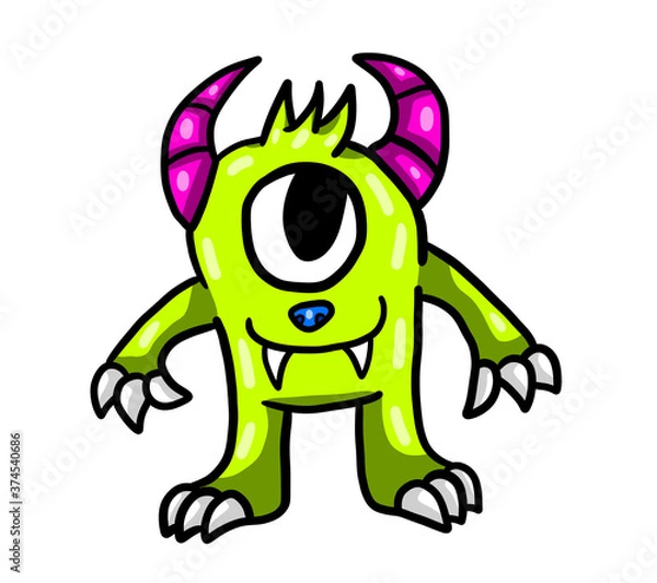 Fototapeta Adorable Stylized Fluffy One Eyed Green Monster