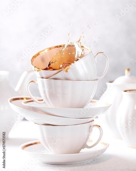 Fototapeta on a white background, cups and saucers stand on top of each other,and tea is poured out of the top Cup