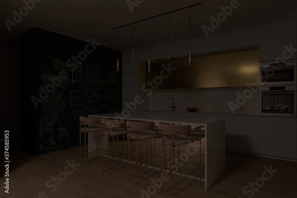 Obraz 3D render of a kitchen with big cooking island