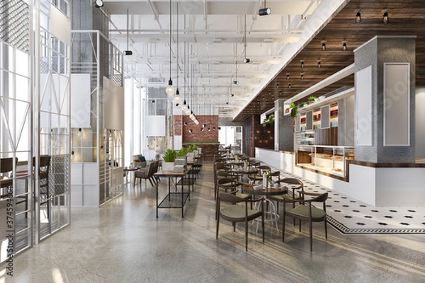 Fototapeta 3d rendering loft i luksusowy hotel recepcja i kawiarnia restauracja