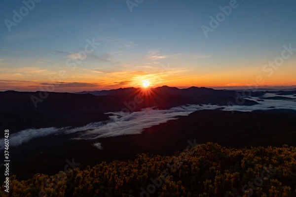 Fototapeta 黒岳の頂上からの日の出と雲海のの眺望