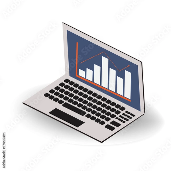 Fototapeta Laptop with business graph - analysis, strategy. On a white isolated background. Vector illustration.