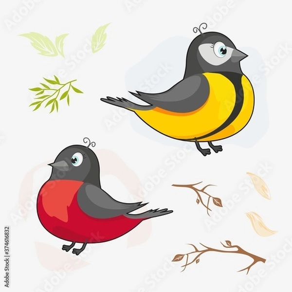 Fototapeta Pattern with beautiful birds on the branches. Seamless pattern with tit and bullfinch