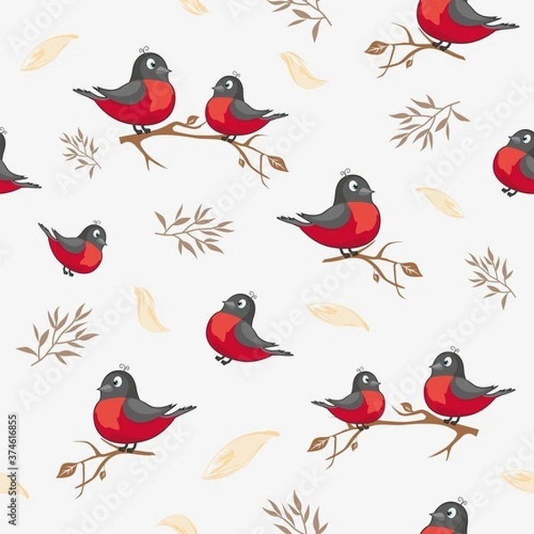 Fototapeta Seamless image with bullfinches on a branch. Drawing with red birds on a white background