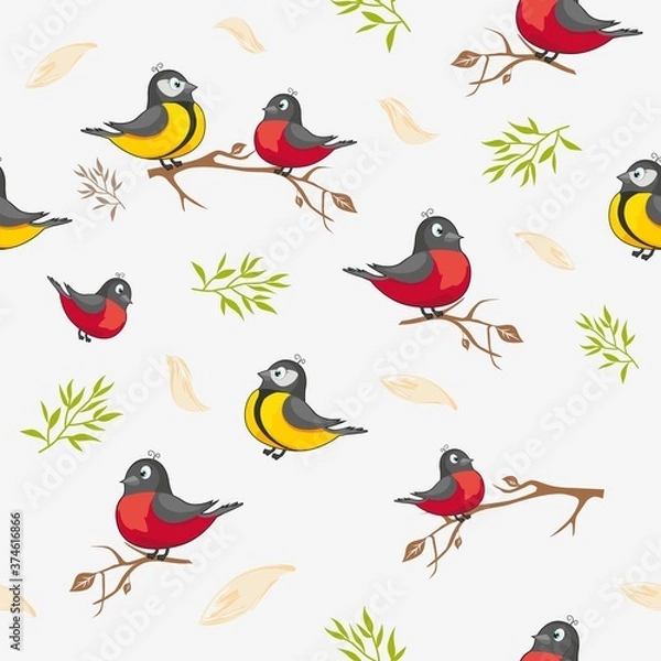 Fototapeta Bright seamless pattern with birds on a white background. Model for clothing with a tit and a bullfinch.