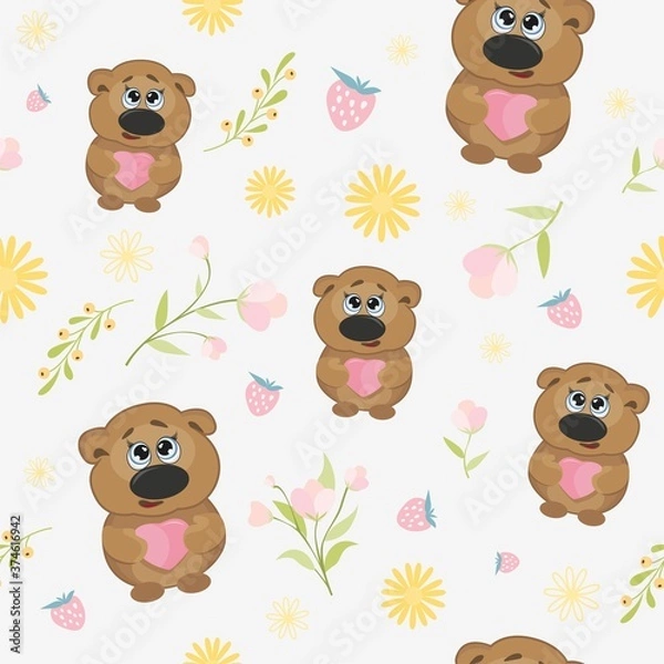 Fototapeta Wzór z niedźwiedziem i sercem. Tło z Grizzly z miodem i pszczołami