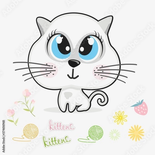 Fototapeta Piękny kot wektor. Mały kotek z dużymi niebieskimi oczami na białym tle.