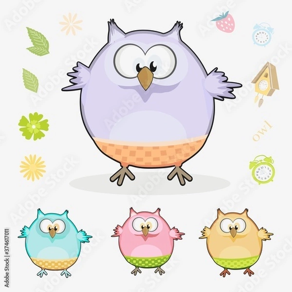 Fototapeta Set with beautiful multi-colored owls