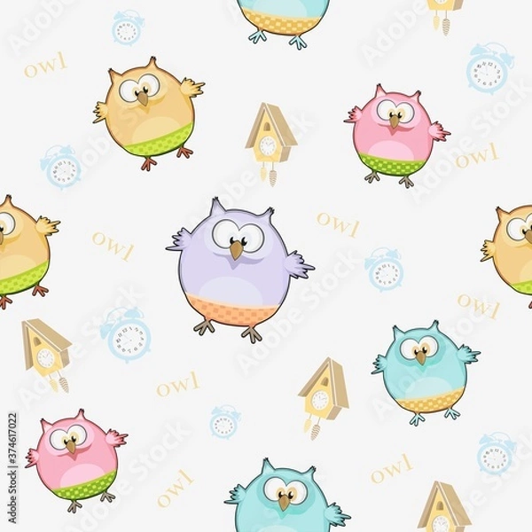 Fototapeta Pattern with an owl for printing on clothing. Children's seamless background with owls.