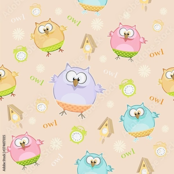Fototapeta Cute vector owls for printing on clothes and fabric. Seamless patterns with owl