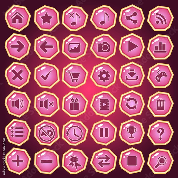 Obraz Buttons icon set design deluxe shape color pink for game. Vector illustrator
