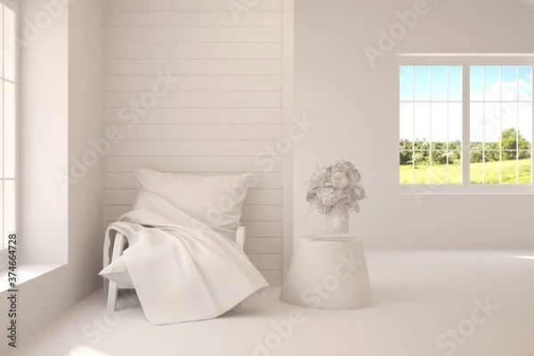 Fototapeta Stylish room in white color with armchair and green landscape in window. Scandinavian interior design. 3D illustration
