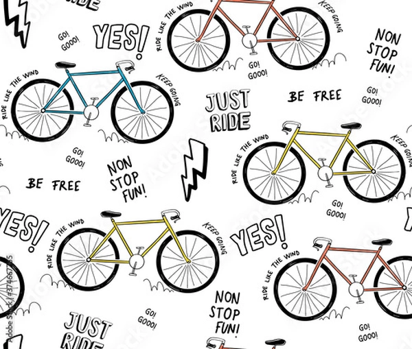 Fototapeta Vector Seamless pattern with bicycle illustration and slogan text, for t-shirt prints and other uses.