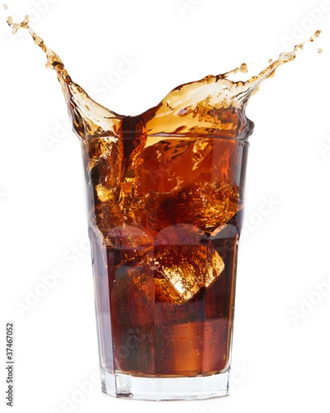 Obraz Kostka lodu spadła do szklanki coli i rozpryskiwała się cola