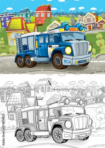 Fototapeta cartoon sketch scene with police truck on the street - illustration