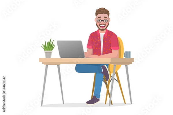 Fototapeta 3D Isometric Flat Vector Conceptual Illustration of Man is Working at Home, Online Eduction, Remote Office.