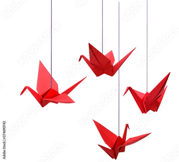 Obraz Red origami paper cranes handing on with string