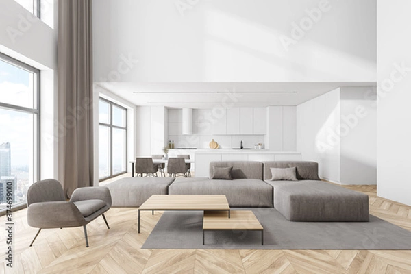 Fototapeta White kitchen and living room interior