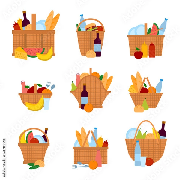 Fototapeta Cartoon Color Picnic Baskets Icon Set. Vector