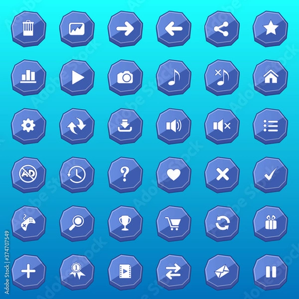Obraz GUI buttons flat set design deluxe shape for games color blue. Vector illustrator