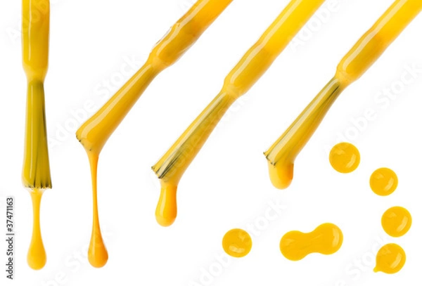 Fototapeta Set of yellow nail polish brushes and drops isolated on white
