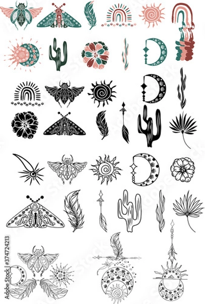 Fototapeta Clipart of hand drawn bohemian silhouette for decoration with bug, sun, rainbow. Set of Colorful Boho chic design with cactus, arrow. Outline vector set of ethnic element, indian object, symbol