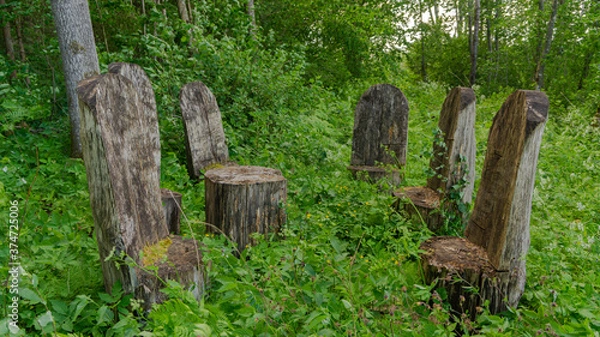 Fototapeta Chairs for relaxing in the forest. Chair table set. Wooden chairs in the forest