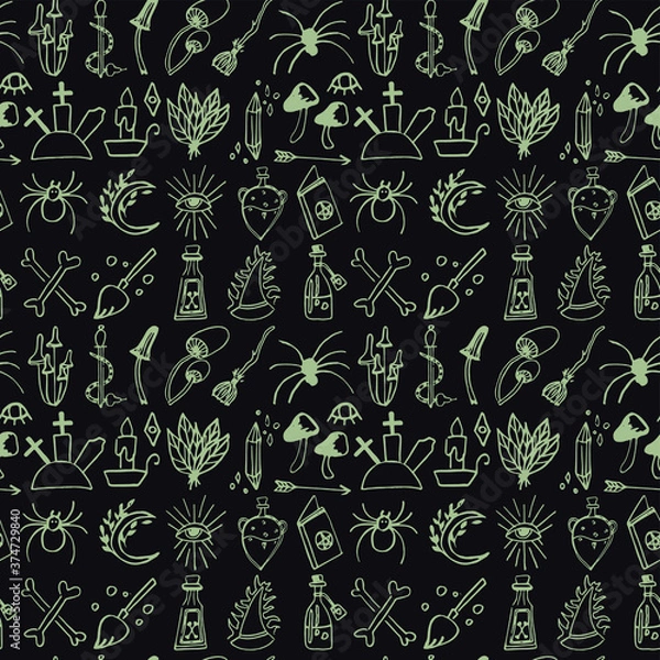 Obraz Halloween pattern with doodle vector element as crosses, graves, spider net, magic poison, witch broom, moon and etc. Background about esotericist and magic. 