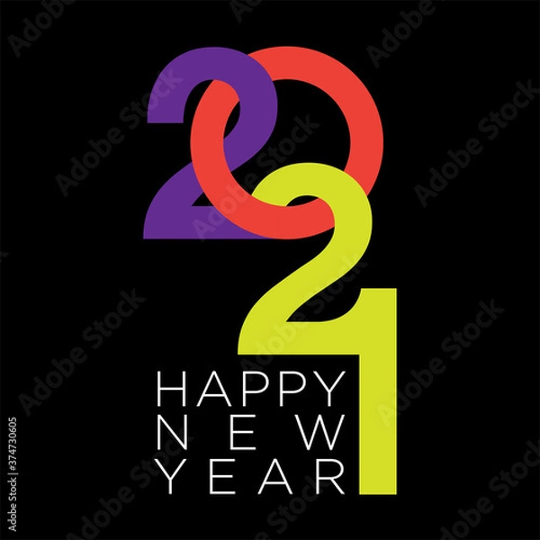 Fototapeta Happy 2021 new year. Bright festive colors on black background. 