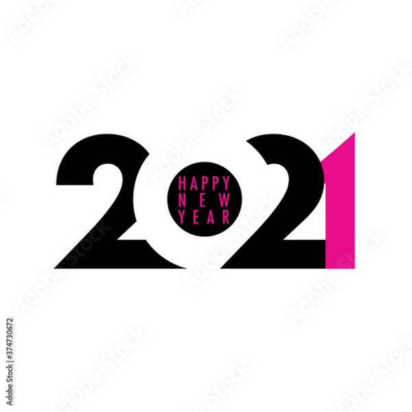 Fototapeta Happy 2021 new year. Simple black and hot pink design on white background. Negative space effect.