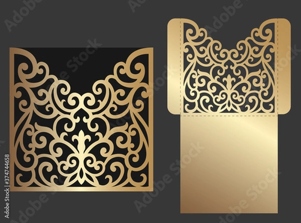 Fototapeta Ornate laser cut wedding invitation pocket fold envelope design. Cutting plotter template.
