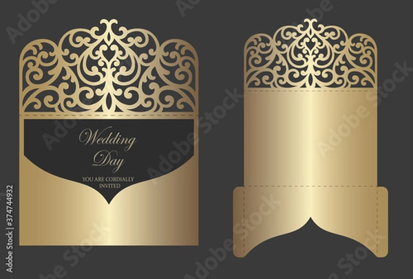 Fototapeta Laser cut pocket envelope for wedding invitations. ornamental wedding invite mockup. pocket envelope design.