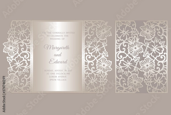 Fototapeta Floral Gate fold laser cut wedding invitation. Vector template for laser cutting.