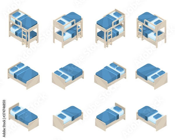 Fototapeta Furniture in isometric projection. Large beautiful set of new double, single and bunk beds.