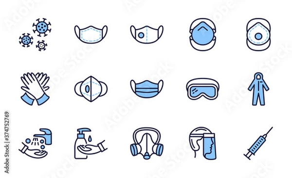 Fototapeta Covid-19 protection equipments and clothing. Various types of protective masks and respirators and gloves,goggles, medical suit, face shield. Blue color. Editable strokes
