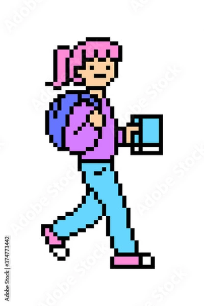 Fototapeta Pixel art girl walking side view isolated on white background. 8 bit woman character with a backpack and a book. Happy schoolgirl. Old school vintage retro 80s-90s slot machine/ video game graphics.