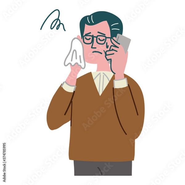 Fototapeta 男性　中年　携帯電話　悩んでいる　冷や汗
