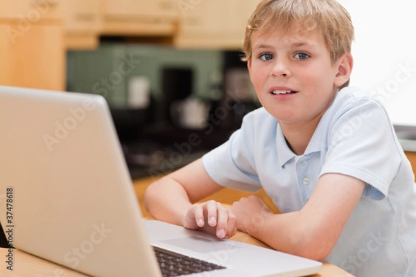 Fototapeta Lovely boy using a notebook