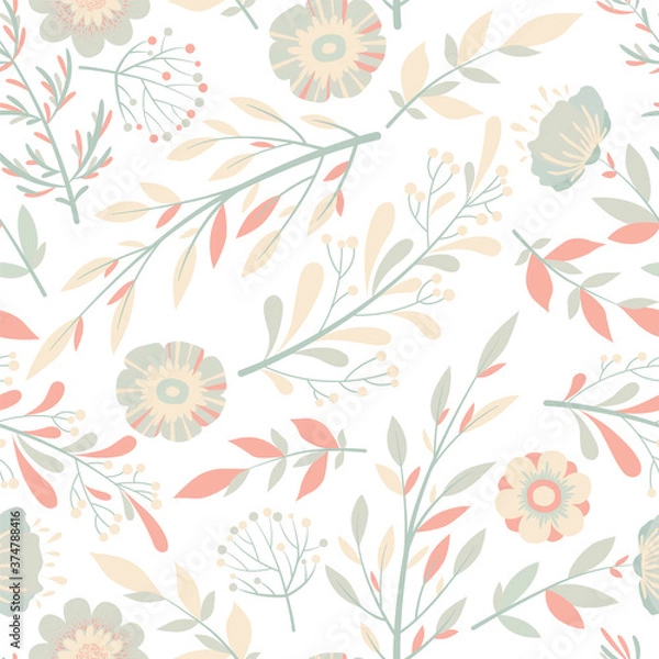 Fototapeta Seamless vector pattern with hand drawn flowers, leaves and branches isolated on white background. Floral design template for print, fabric, invitation, wallpaper, brochure, card, cover
